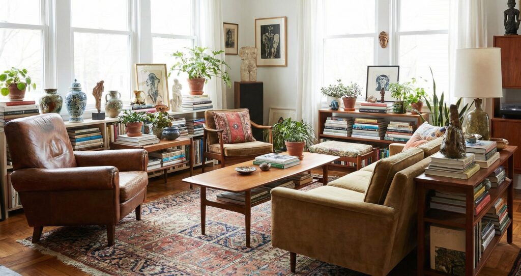 Eclectic interior with intentional layering and balanced design.