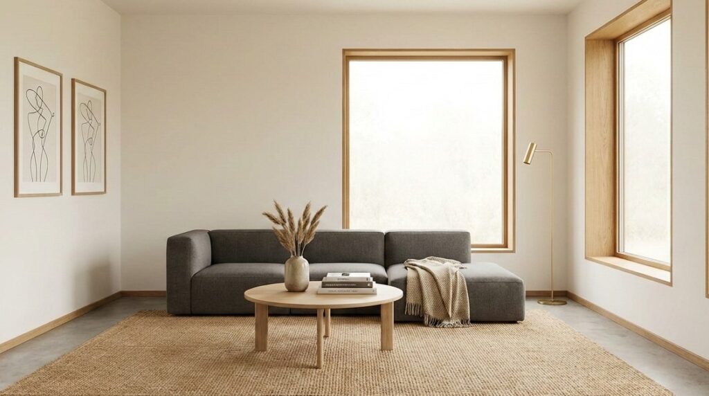Neutral space creating a calm base for layered decor.