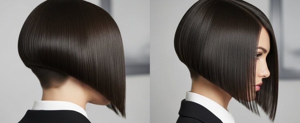 A-line bob haircut shorter in back and longer in front