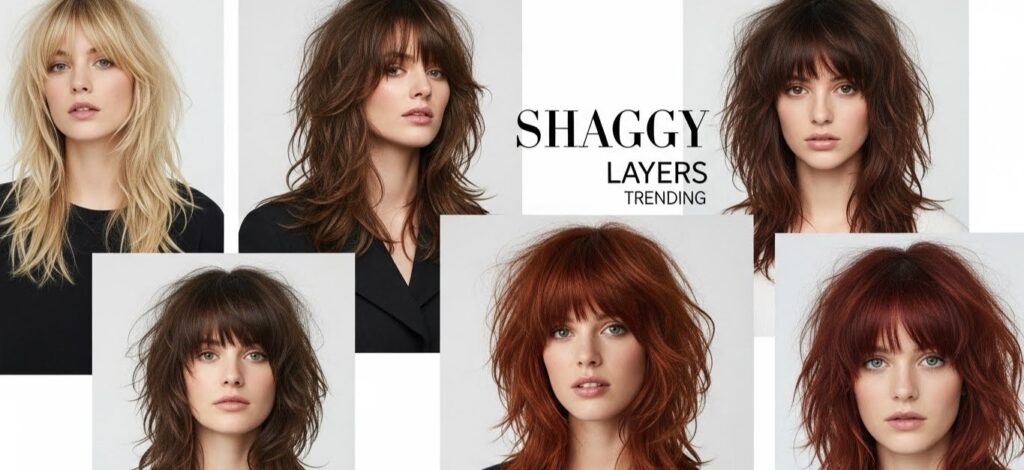 “Trending shaggy layers haircut showing volume and movement”