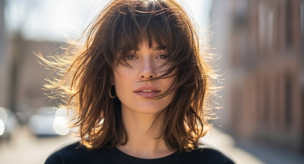 “Shaggy layers haircut creating natural volume and movement”