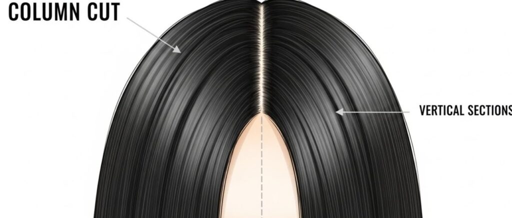 A Complete Guide to the Column Cut Trend Illustration showing the structured vertical shape of a Column Cut haircut