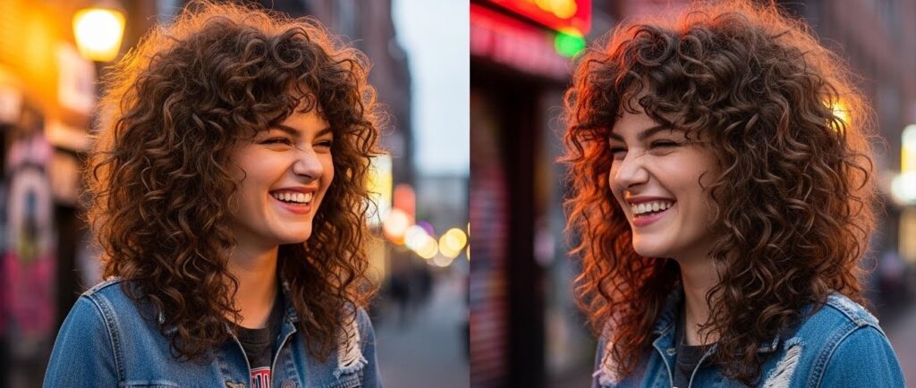 Voluminous wolf cut hairstyle combining shaggy layers and natural waves.