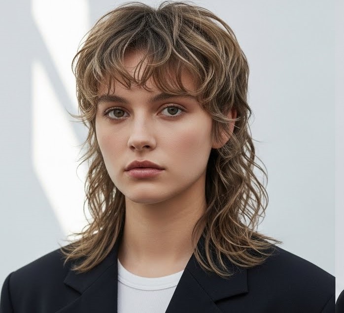Modern mullet haircut with blended layers and soft texture on wavy hair.