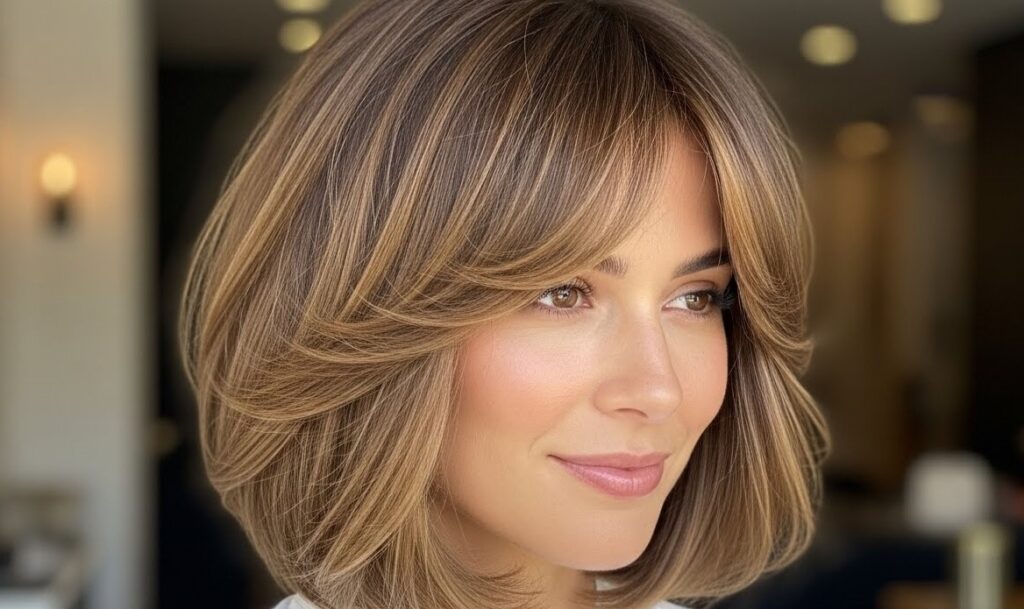 Bob haircut with curtain bangs softly framing the face