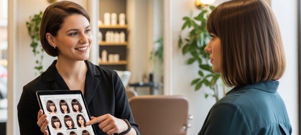 A Complete Guide to the Column Cut Trend Hairstylist consulting a client about the best Column Cut hairstyle