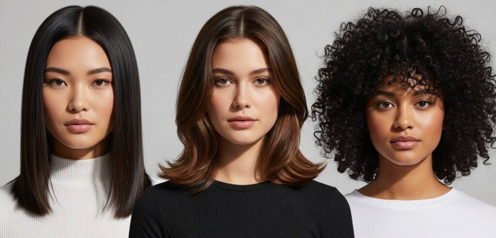 A Complete Guide to the Column Cut Trend Different hair types styled in a Column Cut including straight and wavy hair